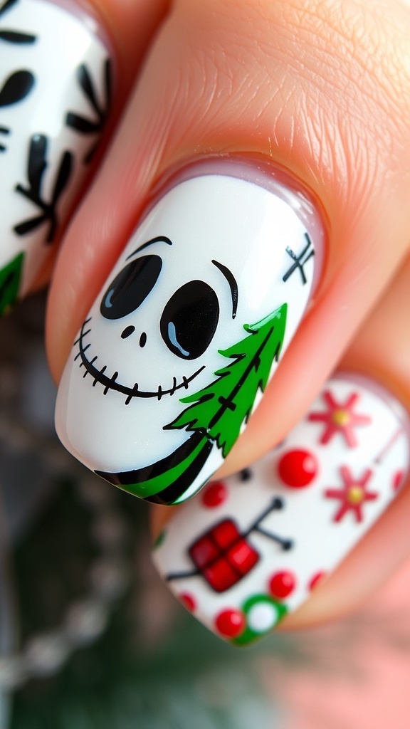 Christmas nail art with Jack Skellington design and festive decorations.
